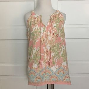 Rose & Olive Floral Sleeveless Top Small Tassels